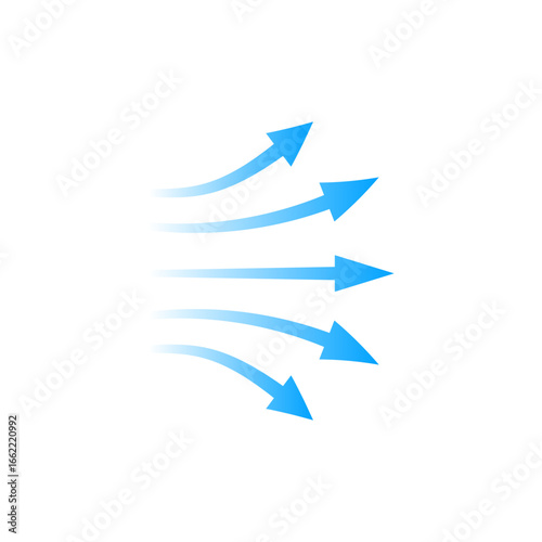 Blue arrows illustrate air motion in a curved line, showing movement and flow direction.
