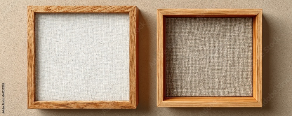 Fototapeta premium Two square wooden frames, one filled with white canvas, the other with a neutral-toned one, on a neutral background