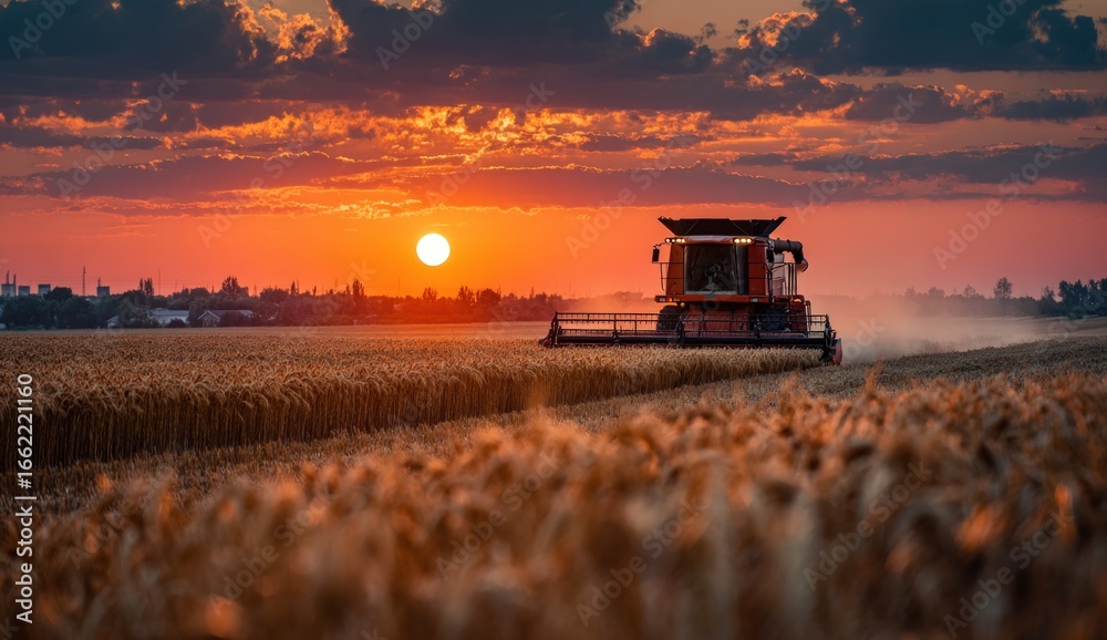 Fototapeta premium A harvesting machine cuts through golden wheat fields at sunset. The sky blazes orange as the sun dips low on the horizon
