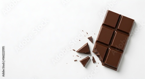 A chocolate bar rests on a clean white surface, with a few pieces broken off and scattered around. The simple, minimalist background highlights the rich, dark texture of the chocolate.