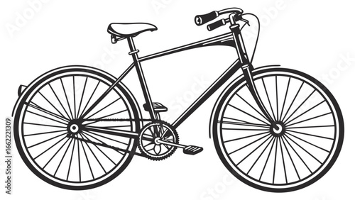 Illustration of a black and white vintage bicycle with detailed spokes and classic frame design
