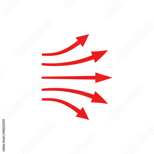 Red arrows show fluid motion and direction. curved forms create a sense of dynamic movement.