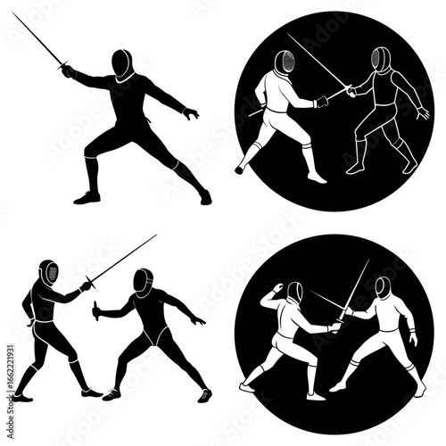 A collection of fencing silhouettes showing fencers in various stances and combat positions on white background
