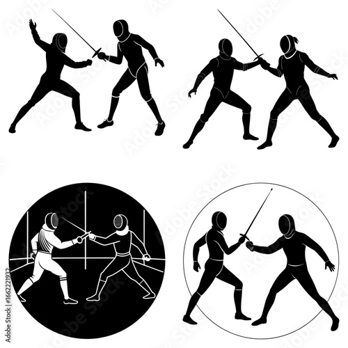 Silhouettes of fencers in various poses and compositions demonstrating the sport of fencing action scenes