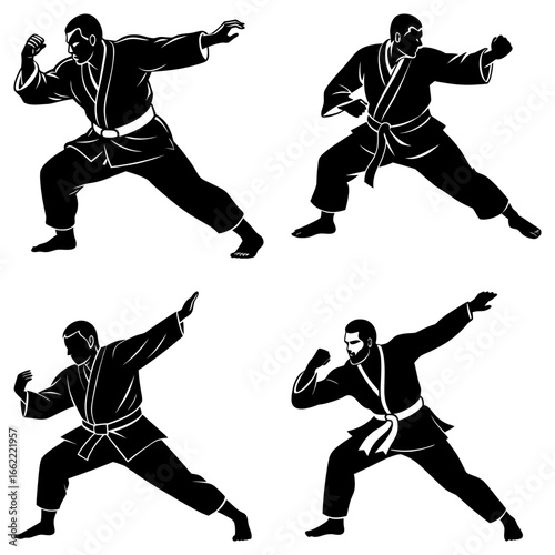 Four martial artists in black kimonos striking dynamic poses in a vector illustration style image art