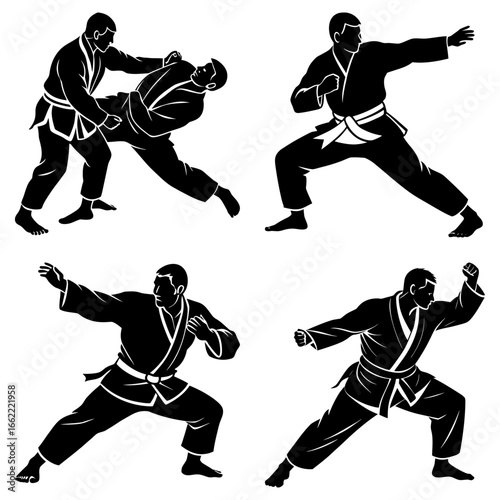 Silhouetted martial artists in various poses demonstrating fighting techniques and combat stances on white background
