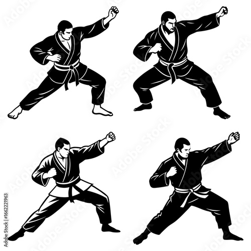 Four martial artists in stances wearing kimonos demonstrating fighting techniques and self defense moves