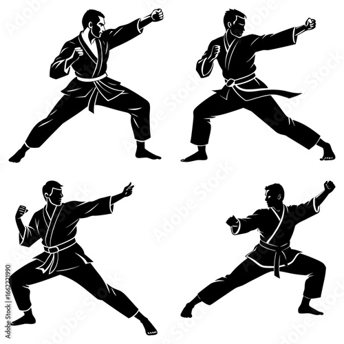 Four black silhouettes of karate practitioners in various stances against a white background shown here