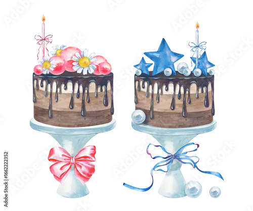 Two watercolor cakes for Baby Shower, blue and pink, are hand-drawn. The watercolor illustration is isolated on a white background. A template with festive desserts for a boy and a girl.