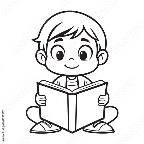 Happy boy sitting cross legged reading an open book