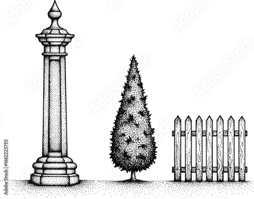Vintage garden illustration, engraved pillar, conical tree, wooden fence, black and white etching style, isolated decorative elements