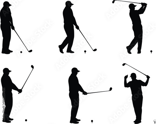 Golf player silhouette set, male athlete swinging club, black vector illustration, isolated poses, sports action, training concept