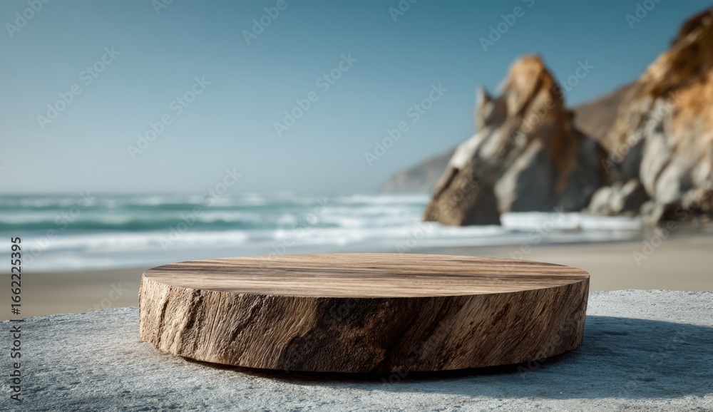 Fototapeta premium Wooden platform on a concrete base, with a blurred coastal background of ocean and cliffs under a clear sky
