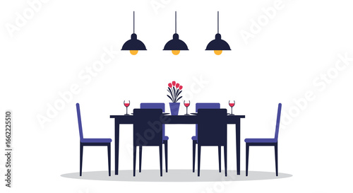 a dining table with chairs and a flower vase on a white background