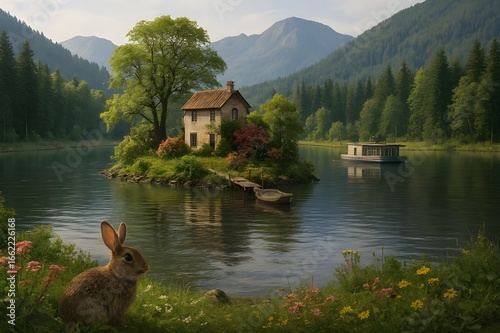 Trauminsel in Märchenlandschaft bei einem Waldsee mit Hausboot