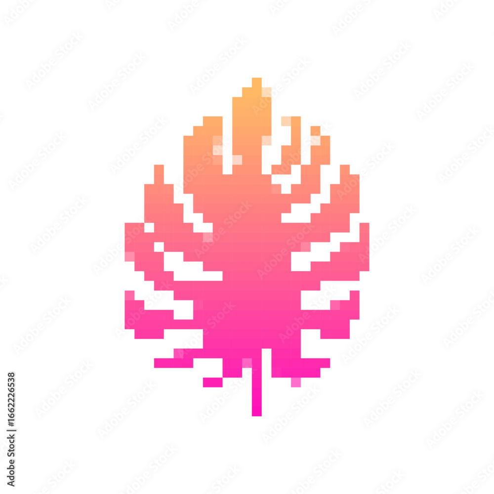 Fototapeta premium Pixelated leaf icon with vibrant pink gradient, ideal for retro games or adding a playful touch.