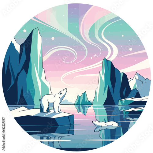 Arctic landscape illustration featuring polar bears and aurora borealis.