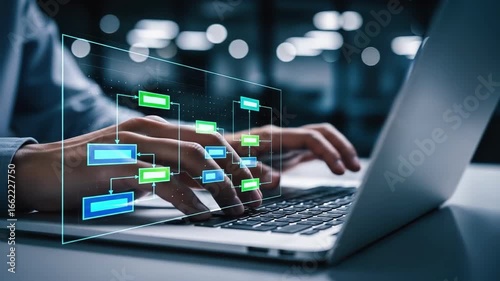 Hands type on a laptop keyboard Digital data streams overlay the screen and hands suggesting innovation connectivity and efficient workflow Futuristic technology concept