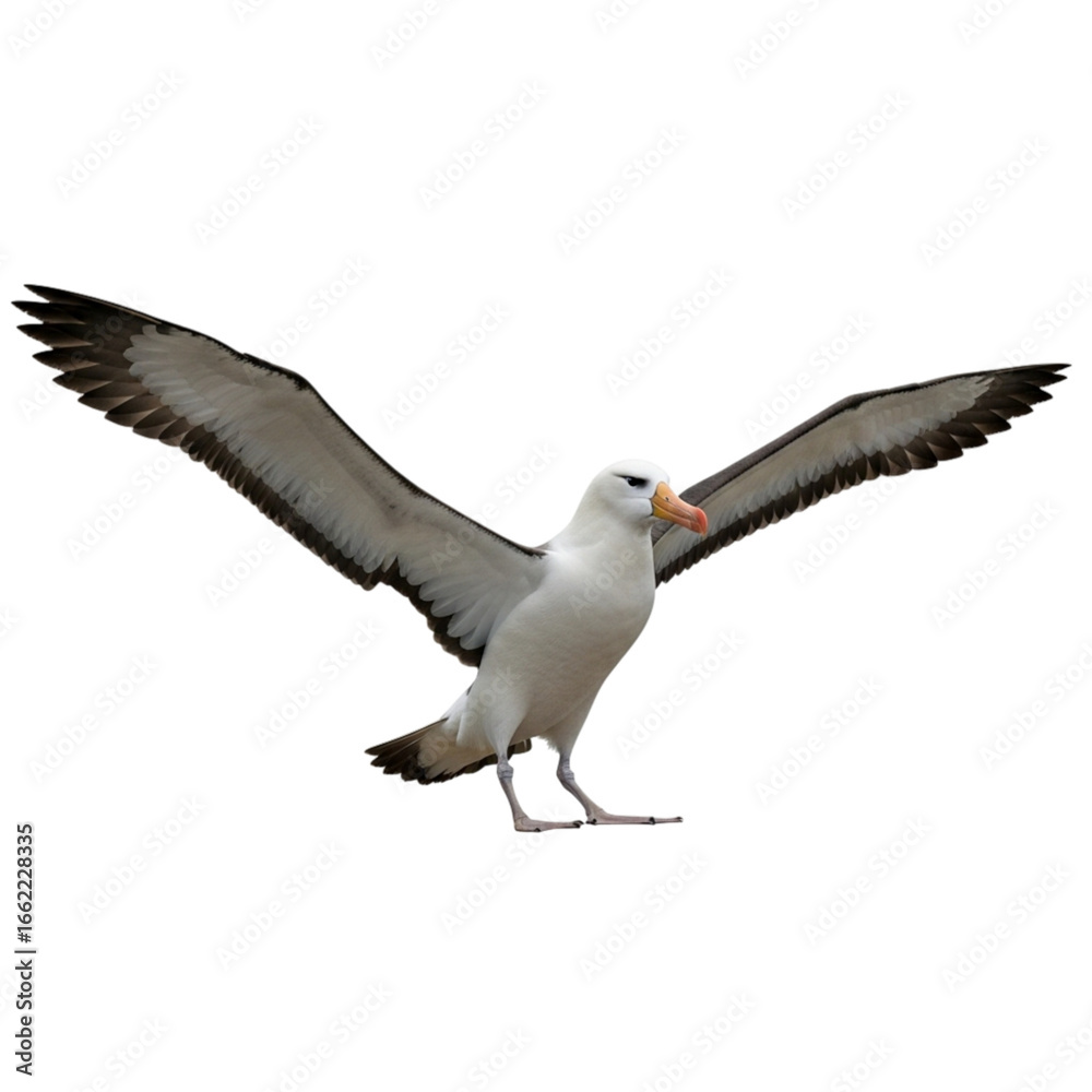 Fototapeta premium A white albatross with open wings and a yellow beak standing on a surface against a black background on transparent background