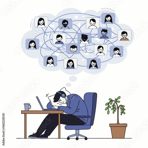 Overwhelmed man sleeps at desk with laptop, dreaming of complex social network connections and communication overload.