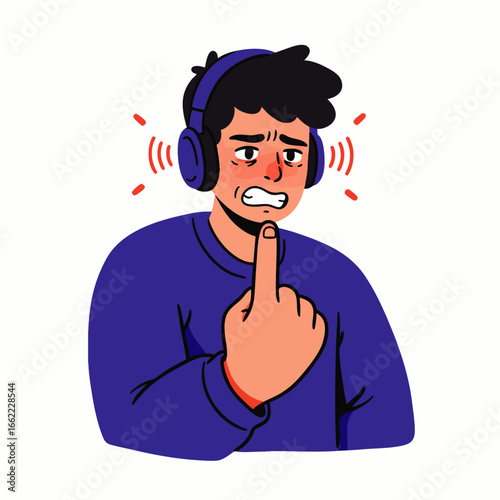 A young man experiences discomfort and pain from loud noise while wearing headphones, gesturing with his finger to express his distress.
