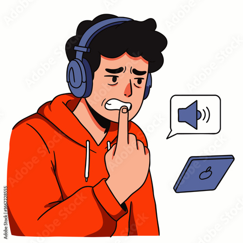 Young man with headphones biting fingernails anxiously while looking at a tablet screen with a sound icon.