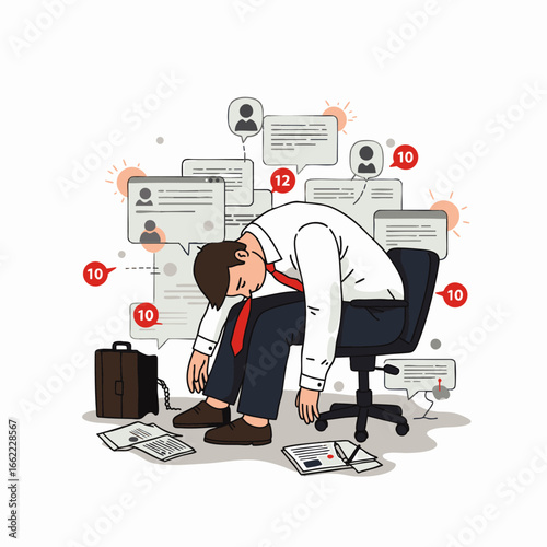 Overwhelmed businessman exhausted from constant notifications and demanding workload, slumped over his office chair.