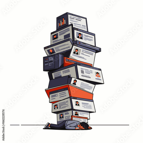 Overwhelmed person crushed by a massive stack of resumes and data, symbolizing job application stress and information overload.