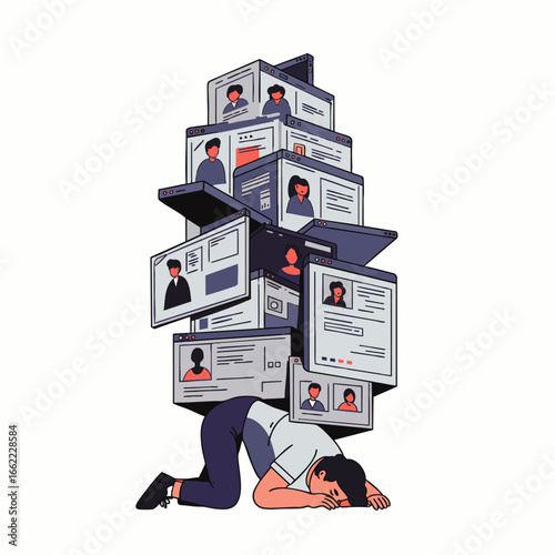 Overwhelmed man crushed by a huge stack of digital profiles and social media pages representing information overload.