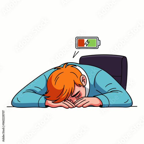 Exhausted office worker slumps over desk with low battery indicator symbolizing burnout and fatigue.