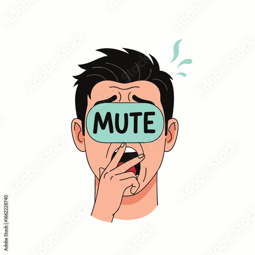 Man with eyes covered by a mute sign, covering his mouth in distress, symbolizing silence and anxiety.