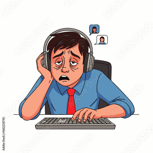 Exhausted office worker with headphones on, struggling to stay awake while working at a computer.