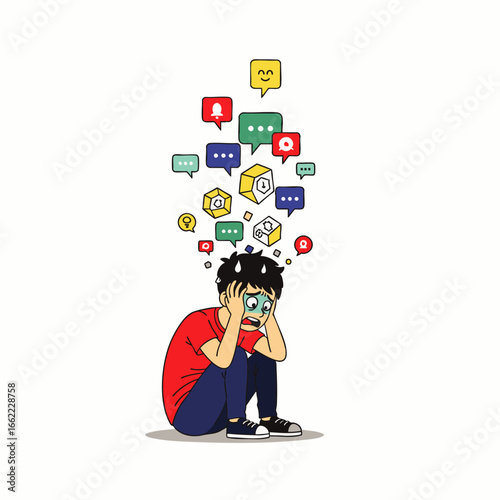 Overwhelmed young person stressed by excessive digital notifications and social media overload.