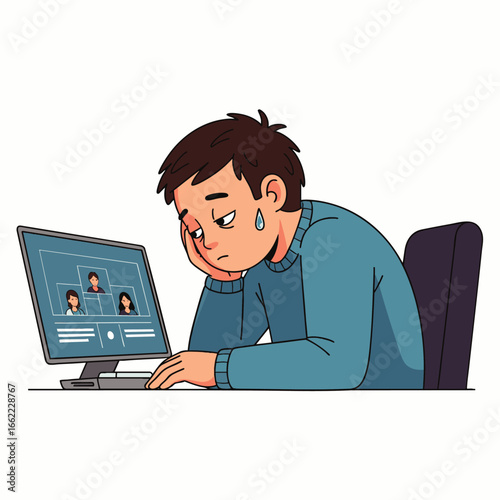 A sad young man sits at a computer, feeling discouraged while looking at profile pictures on the screen.