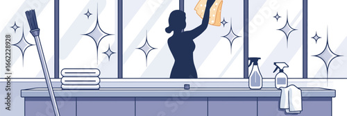 Illustration of a woman cleaning windows with a cloth with cleaning supplies and a broom nearby indoors