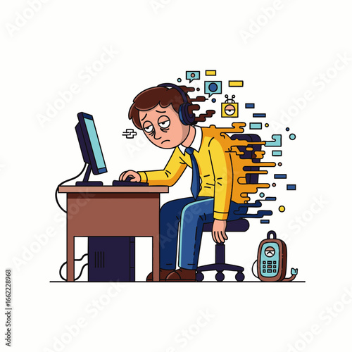 Exhausted businessman overwhelmed by digital information overload while working at his desk.