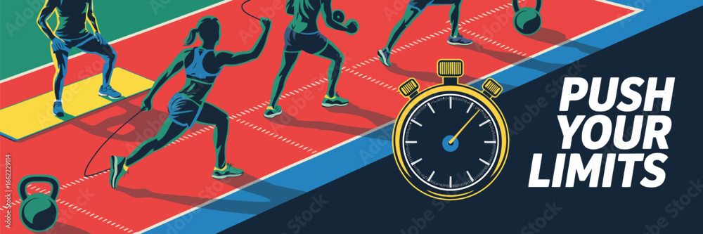 Fototapeta premium Athletes training on a track with a stopwatch and the words push your limits in the foreground area