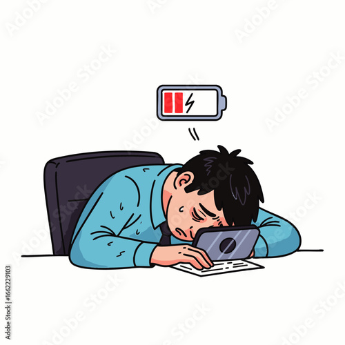 A tired businessman slumped over his desk with a low battery symbol indicating exhaustion and burnout.