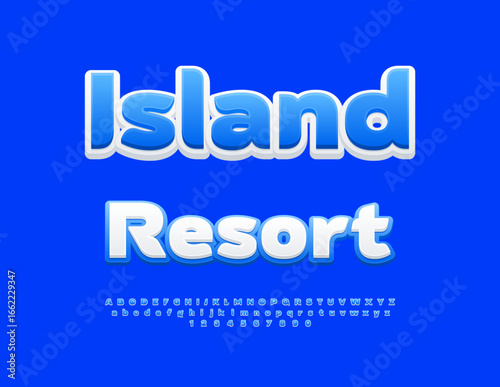 Vector Touristic  template Island Retreat. Modern White and Blue Font. Creative Alphabet Letters and Numbers set.