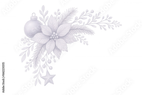 White christmas decoration with poinsettia flower, christmas ball, star and fir branches on transparent background