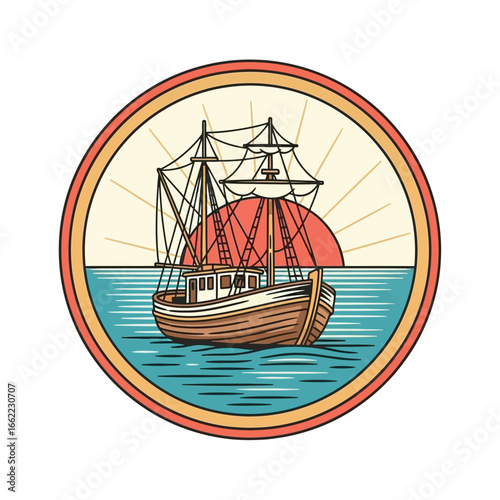 A vintage illustration depicts a sailboat on the ocean with a sunset backdrop, framed in a circle.