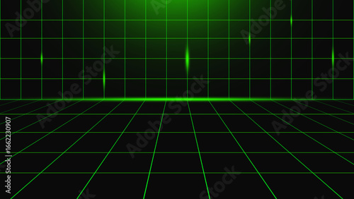 Futuristic Green Digital Grid Background with Glowing Neon Lines and Perspective Floor