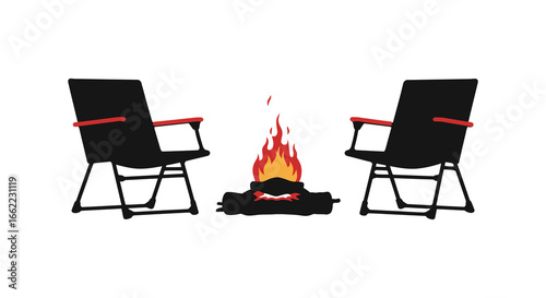 Two black folding chairs facing a small campfire in the middle