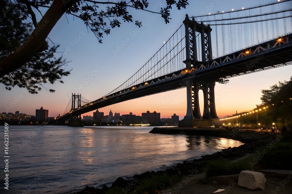 Fototapeta premium The Manhattan Bridge and skyline in New York City at night