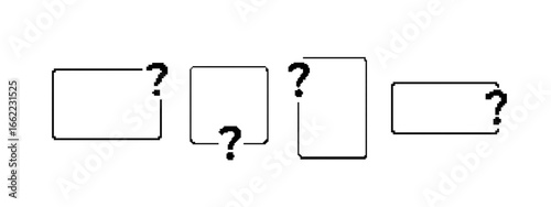 Set of pixelated black question marks placed inside various outlined boxes, reflecting mystery, input, or uncertainty in retro 8-bit design.