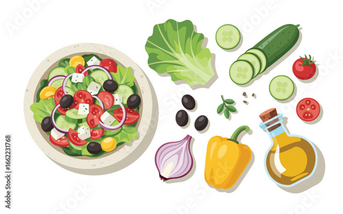 Fresh greek salad ingredients and prepared dish overhead view