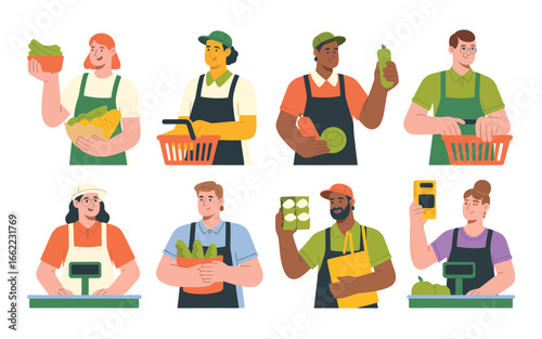 Diverse grocery store employees holding fresh produce and products