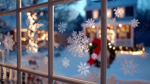 Snowflakes stickers decorating window glass with out of focus christmas decorated house in the background creating cozy and festive atmosphere