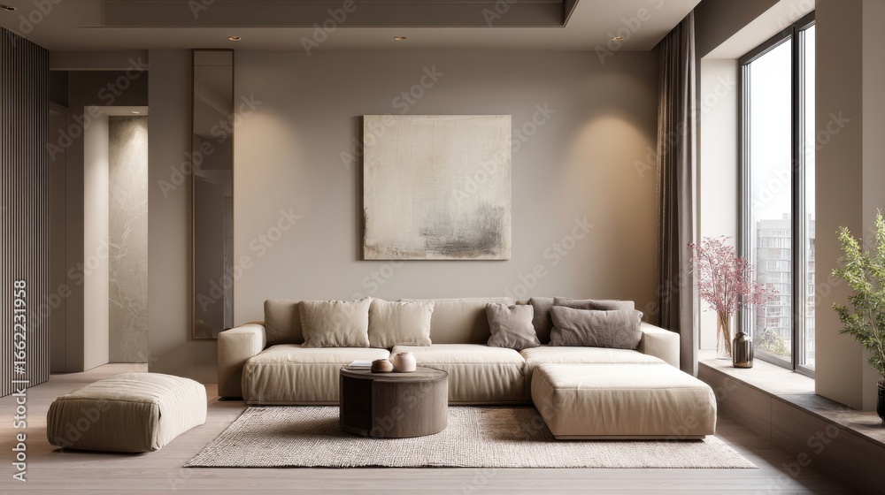 Fototapeta premium a living room with a couch and a table