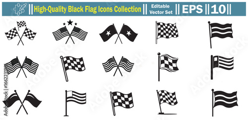 Silhouette flag icons set with waving, checkered, and decorative black flag designs